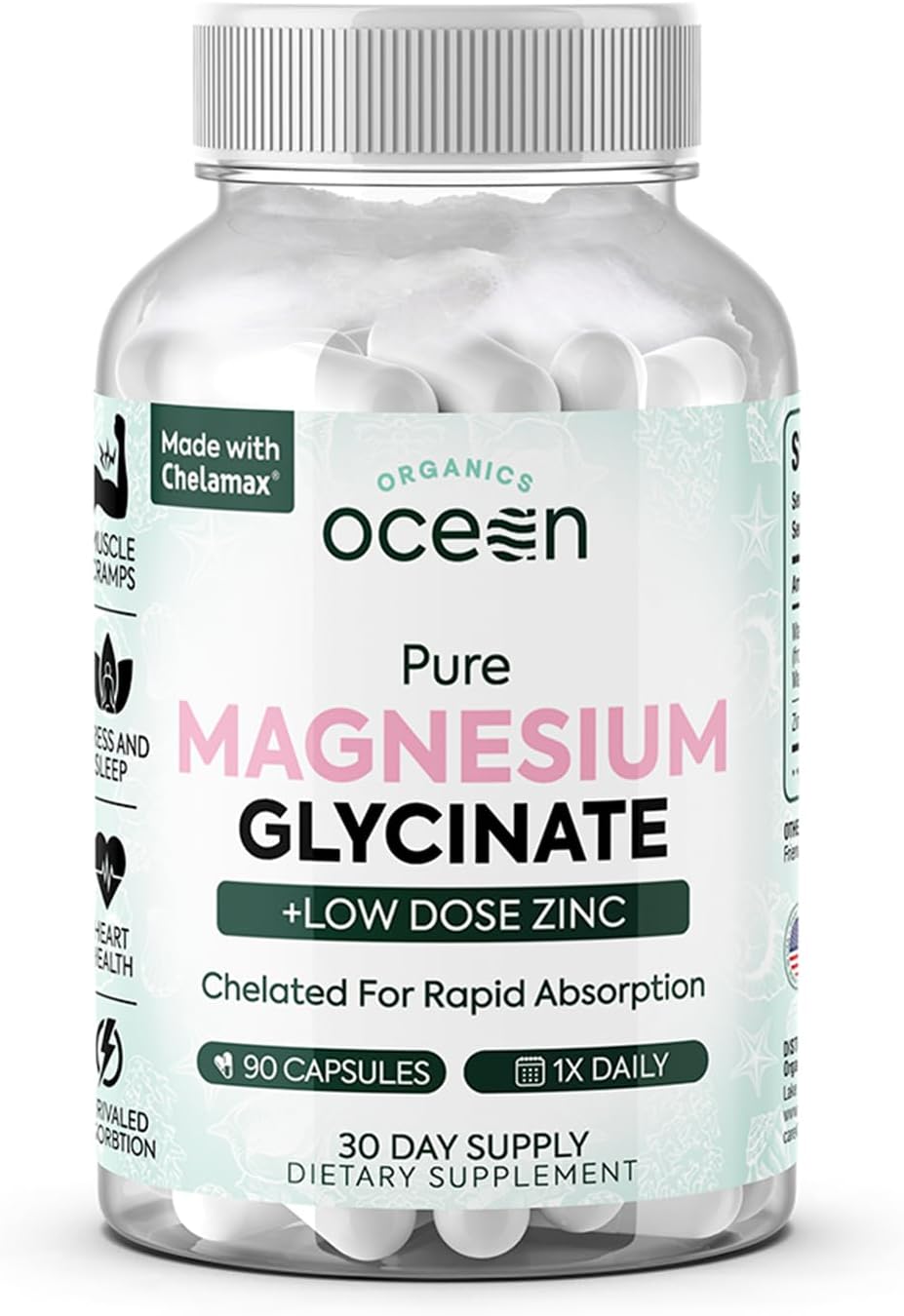 Organics Ocean Pure Magnesium Glycinate Supplement with Zinc, 90 Capsules