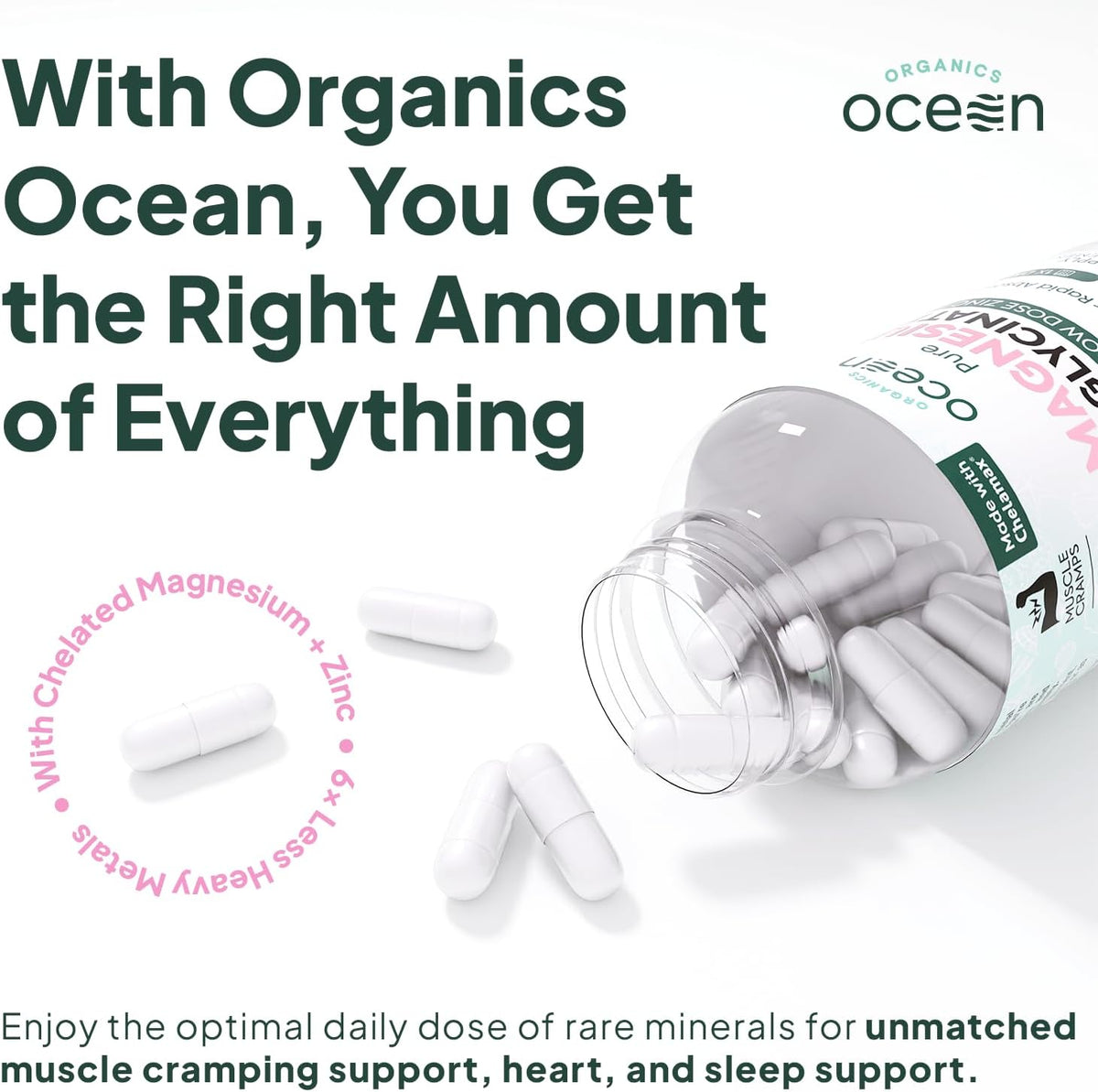 Organics Ocean Pure Magnesium Glycinate Supplement with Zinc, 90 Capsules